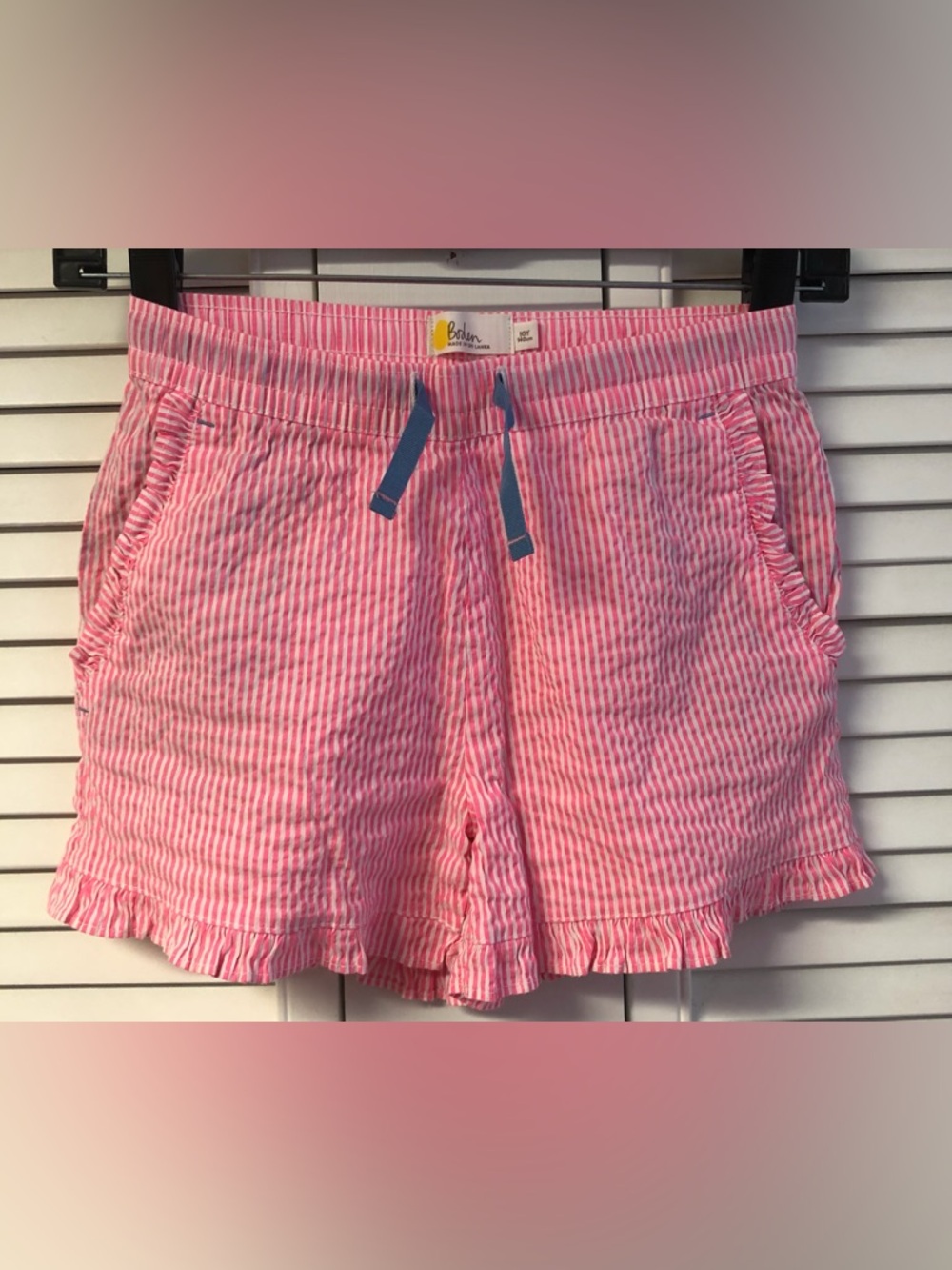 Mini Boden girls size 10 Pink Striped Seersucker Shorts with Blue Drawstring